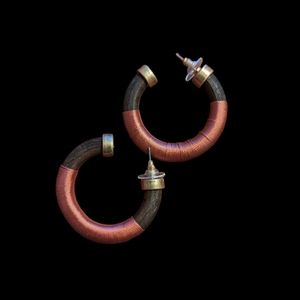 Fabric Covered Hoop Earrings Brown and Coral Colored